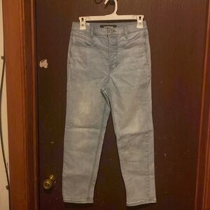 Express super high waisted straight leg jean. Light wash